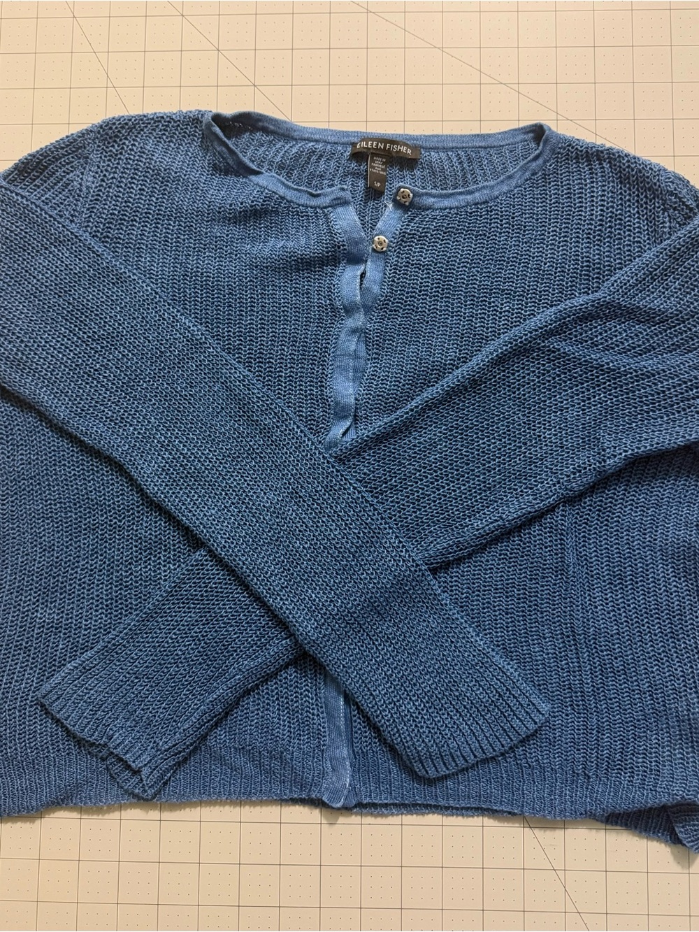 Eileen Fisher Indigo Blue Cotton Henley Cardigan